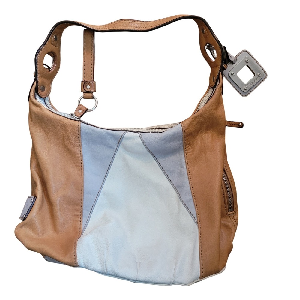 Tignanello Tan, Light Blue & Cream Patchwork Leather Shoulder Bag